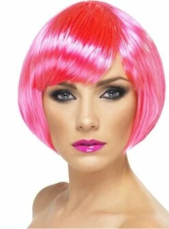 Peluca Rosa Neón Bob Con Flequillo