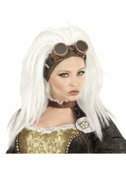 Peluca Steampunk Blanca Con Gafas Para Mujer